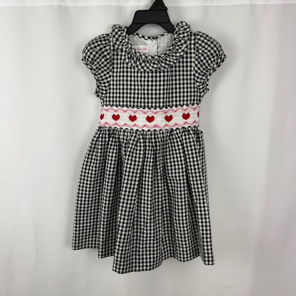 Bonnie Jean Gingham Dress Girls 3T Black Heart Smocking Waist Casual Summer